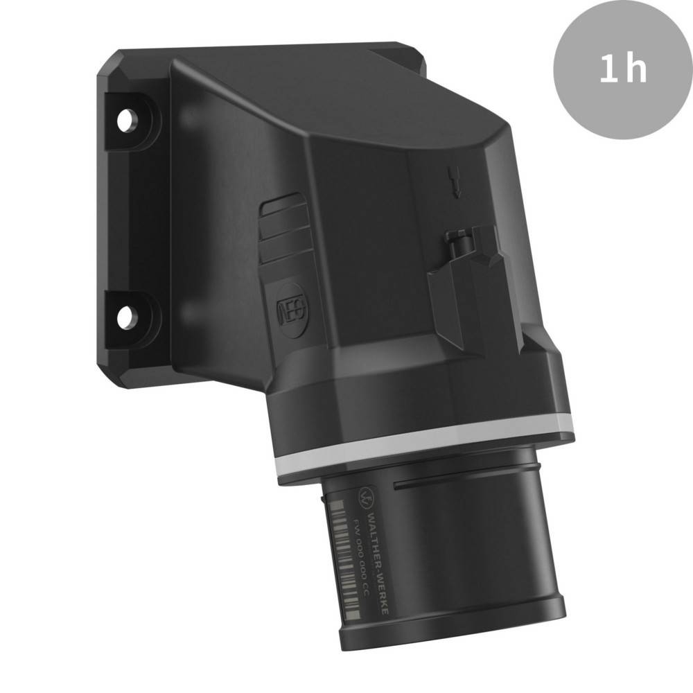 Eine schwarze, wandmontierte elektronische Vorrichtung mit einem kreisförmigen Anhang, möglicherweise ein Sensor oder eine Kamera, mit der Beschriftung '1h' in der oberen rechten Ecke.