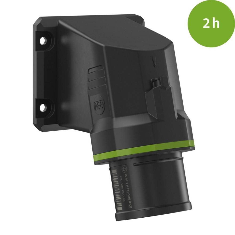 Eine schwarze, an der Wand montierte Batterieladegerät mit einem grünen Kreis '2h', der eine Ladezeit von zwei Stunden anzeigt.