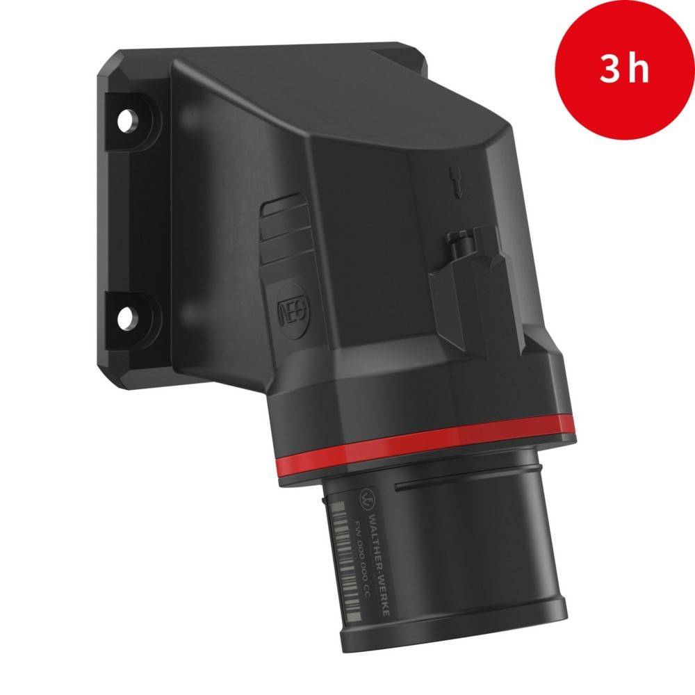 Eine schwarze und rote industrielle Wandladegerät mit einer '3h' Beschriftung in einem roten Kreis, die eine Ladedauer von 3 Stunden anzeigt.