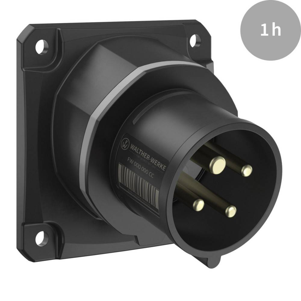 Eine schwarze industrielle Steckdose, die auf einem Sockel montiert ist und drei zylindrische Stifte aufweist. Ein grauer Kreis in der Ecke zeigt '1h'.