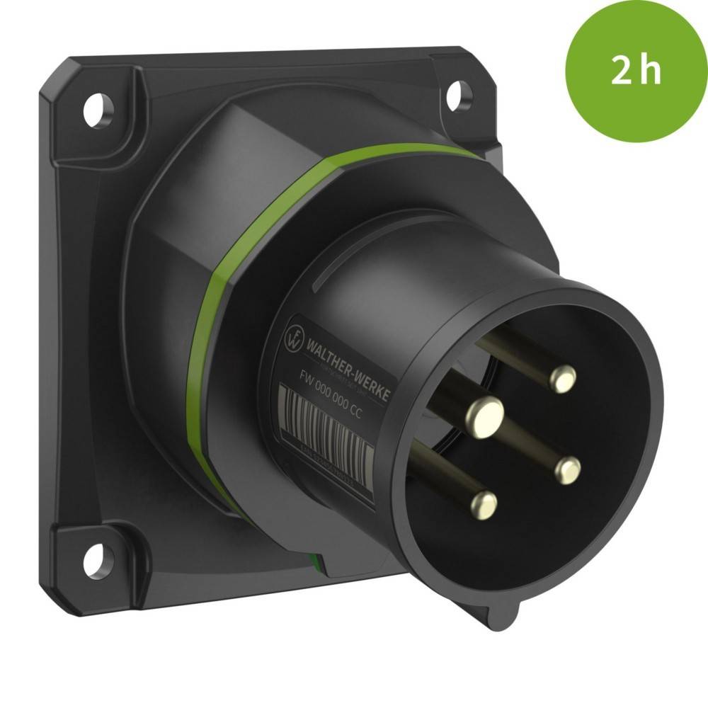 Ein schwarzer, abgewinkelter industrieller Steckverbinder mit drei Metallstiften, montiert auf einer quadratischen Basis. Ein grüner Kreis oben rechts zeigt '2h'.