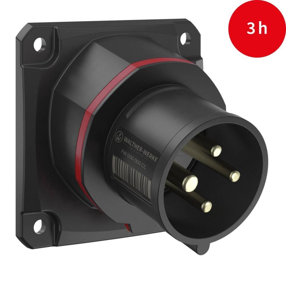 Elektrische Wandsteckdose mit drei runden Stiften und einem schwarz-roten Design, montiert auf einer quadratischen Basis. Ein roter Kreis mit der Aufschrift '3h' ist in der Ecke platziert.