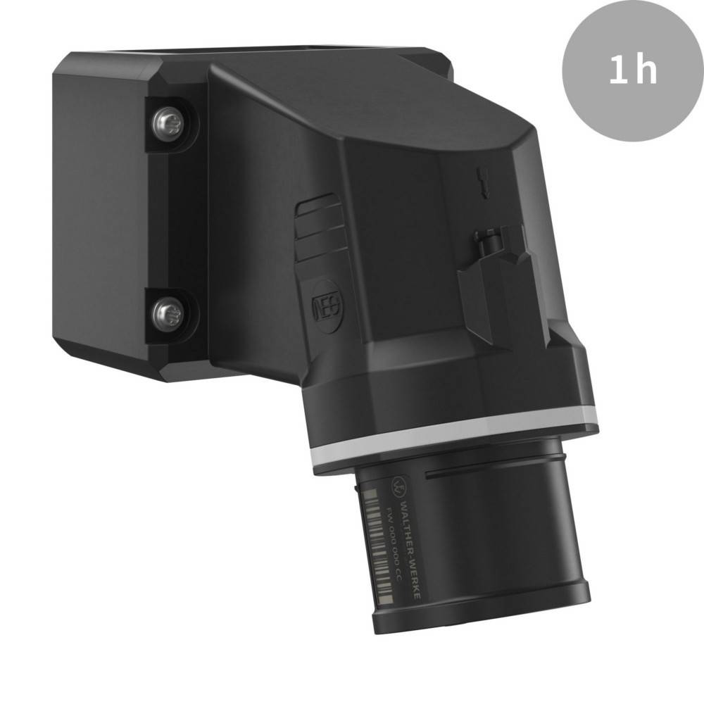 Ein schwarzer, eckiger elektrischer Anschluss mit einem runden, zylindrischen Stecker am unteren Ende. Oben rechts befindet sich ein grauer Kreis mit der Aufschrift '1h'.