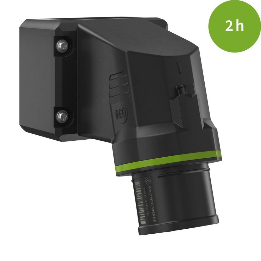 Ein schwarzes und grünes, abgewinkeltes Elektrogerät mit einem zylindrischen Anschluss, der herausragt. Ein grüner Kreis in der Ecke zeigt '2h'.