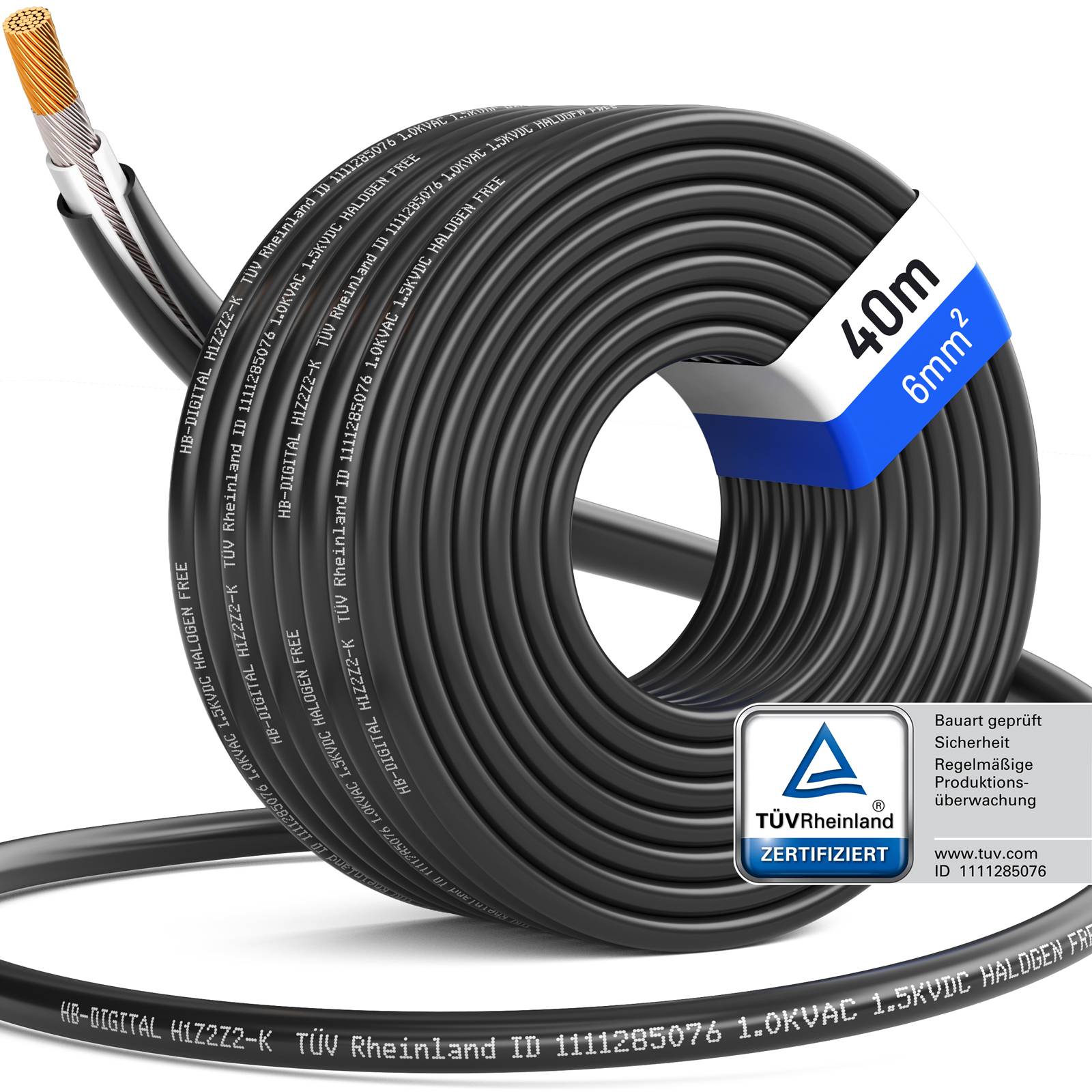 hb-digital Solarkabel 40m PV Kabel 6mm2 H1Z2Z2-K Photovoltaik Kabel für Solaranlagen schwarz