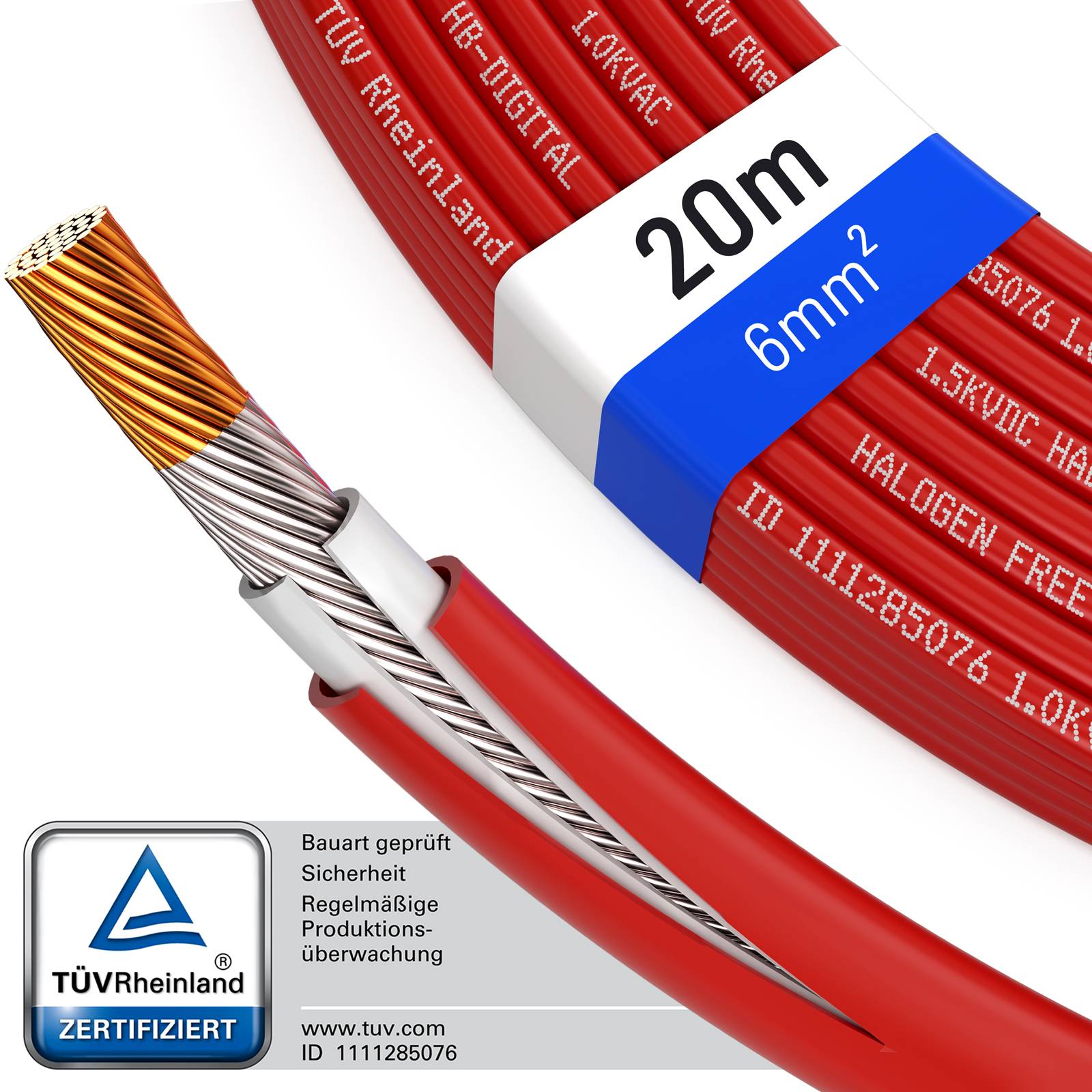 Rotes Stromkabel mit der Aufschrift „20 m 6 mm²