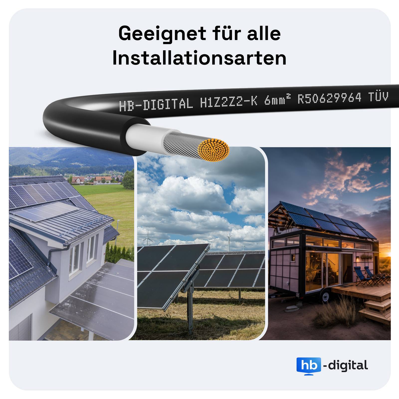 Solarkabelinstallation mit Text „Geeignet für alle Installationsarten