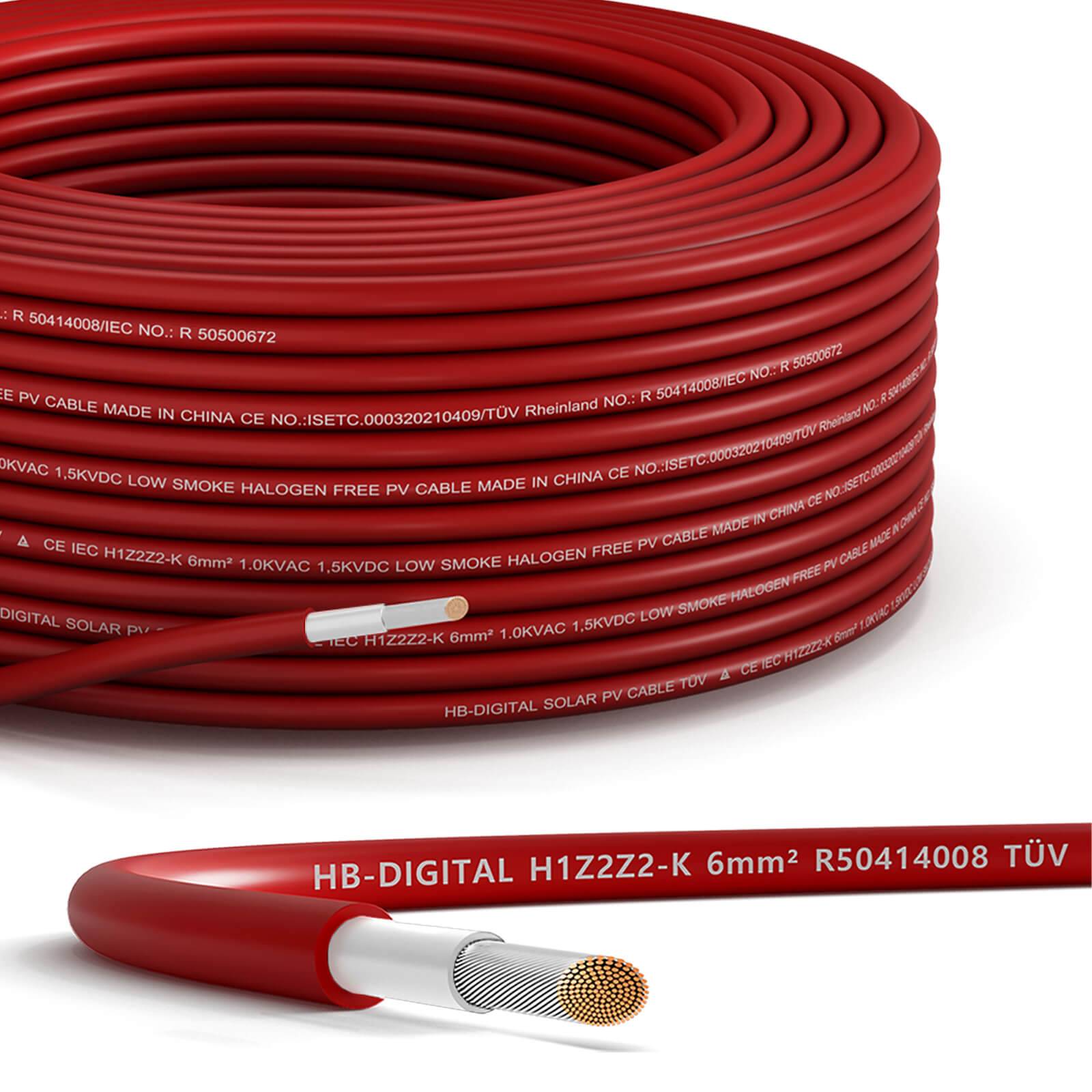 hb-digital Solar Kabel 5m Solarkabel 6mm2 H1Z2Z2-K Photovoltaik Kabel für Solaranlagen rot