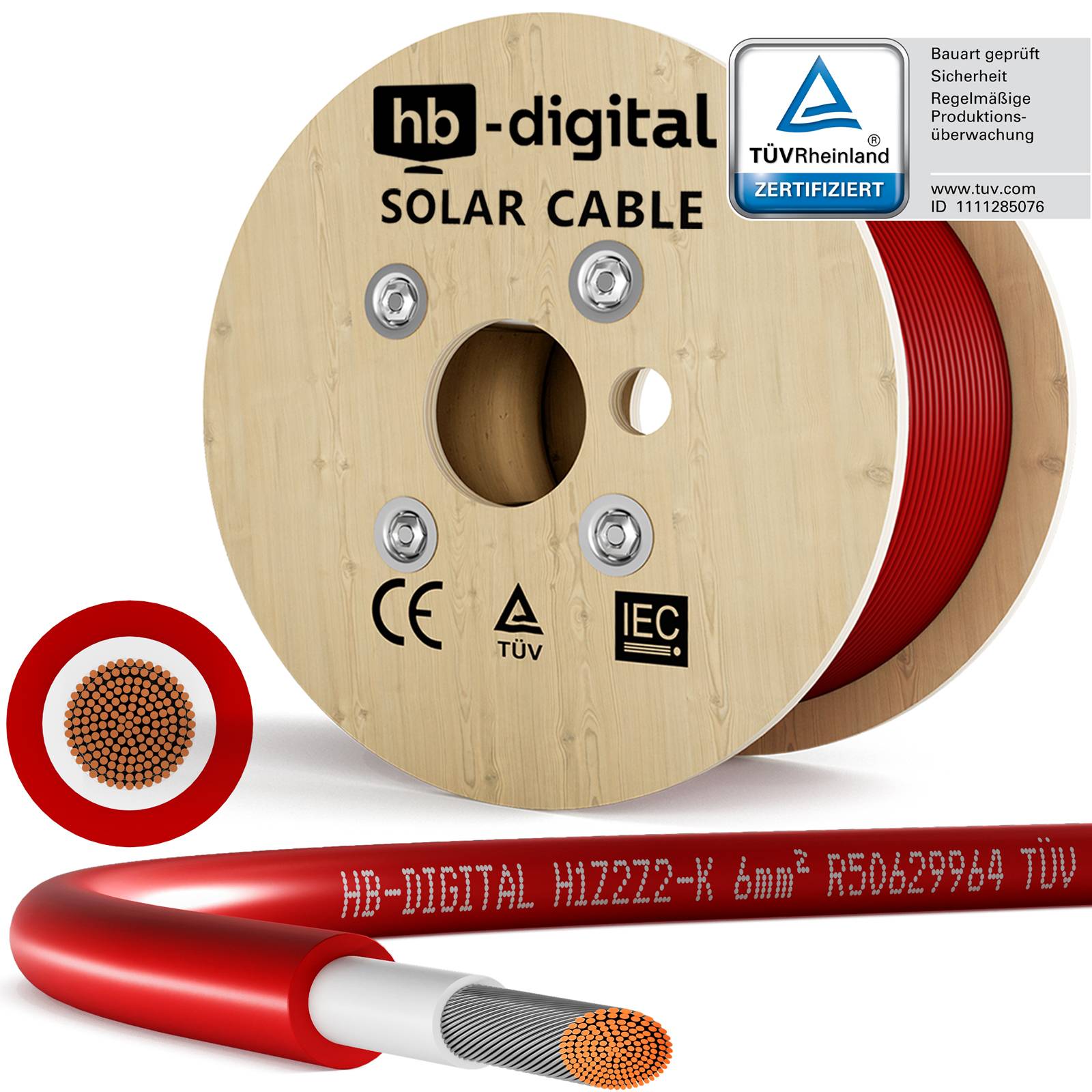 Holzspule mit rotem Solarkabel mit der Bezeichnung „hb-digital SOLARKABEL