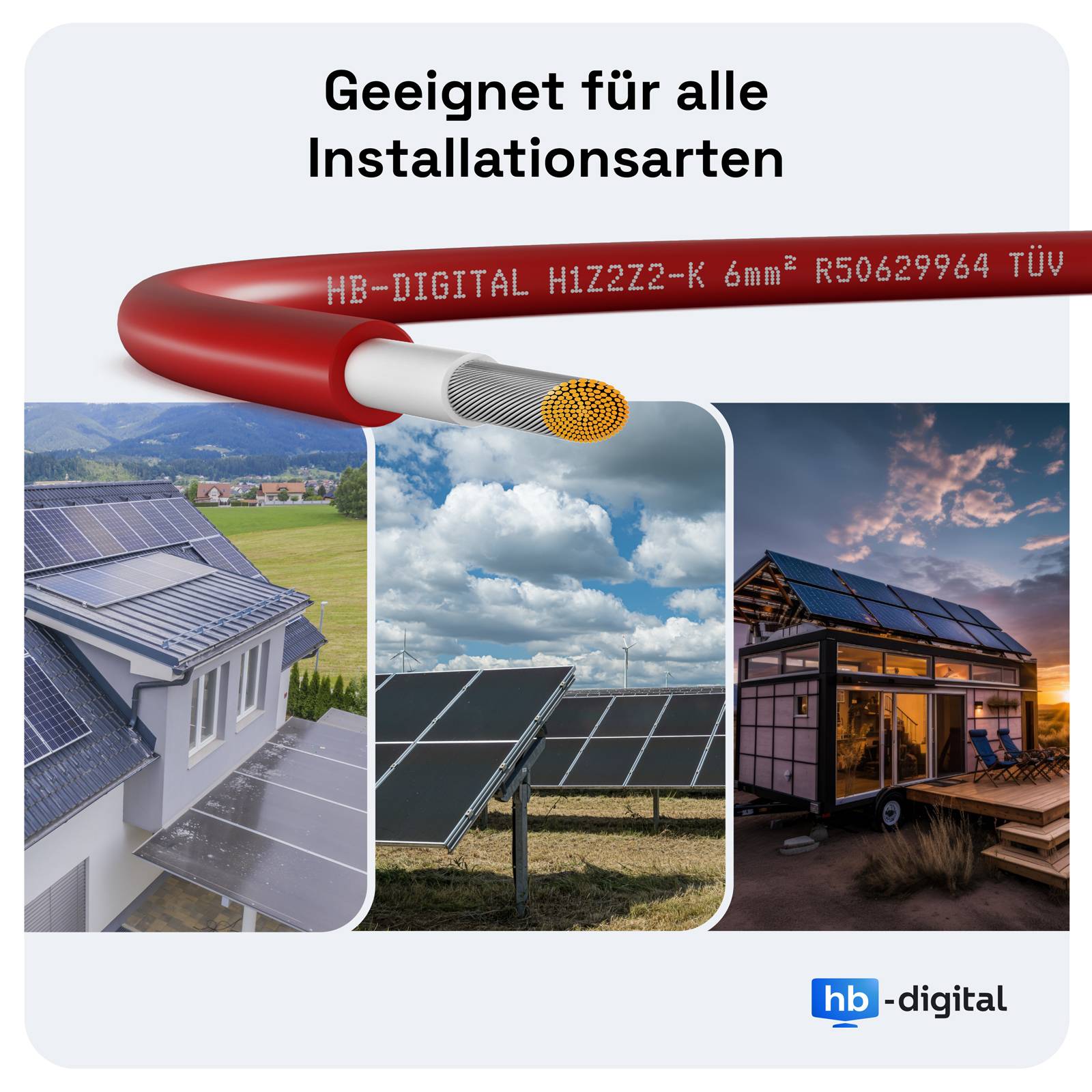 Ein Composite-Bild, das eine Nahaufnahme eines Solarkabels mit der Aufschrift 