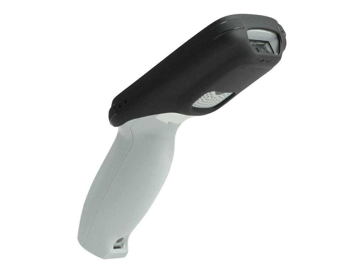 Tragbarer Barcode-Scanner mit schwarzem Kopf und grauem Griff auf weißem Hintergrund.