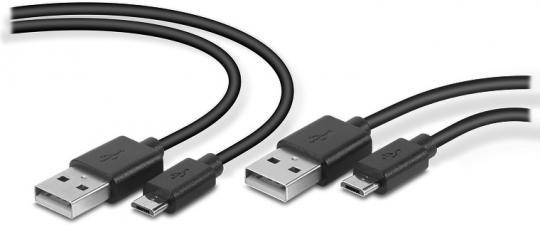 Zwei USB-Ladekabel mit Standard-USB-A-Steckern und kleineren Micro-USB-Anschlüssen, nebeneinander auf weißem Hintergrund dargestellt.