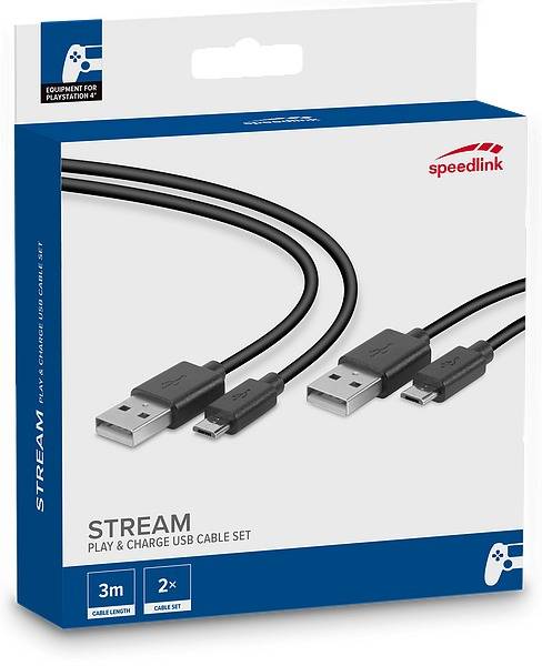 Verpackung für ein Speedlink 'Stream' Play & Charge USB-Kabelset, das zwei Kabel mit USB-A-zu-Micro-USB-Steckern und 3m Länge zeigt.