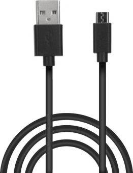 Schwarzes USB-Ladekabel mit Standard-USB-A-Anschluss an einem Ende und kleinerem Gerätestecker am anderen Ende, aufgerollt auf weißem Hintergrund