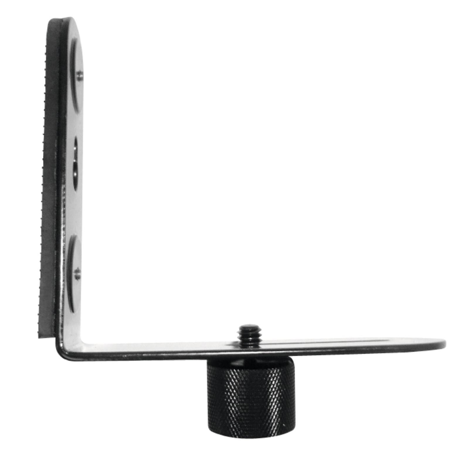 L-förmige Metallhalterung mit einem schwarzen Einstellknopf, wahrscheinlich zur Befestigung verwendet.