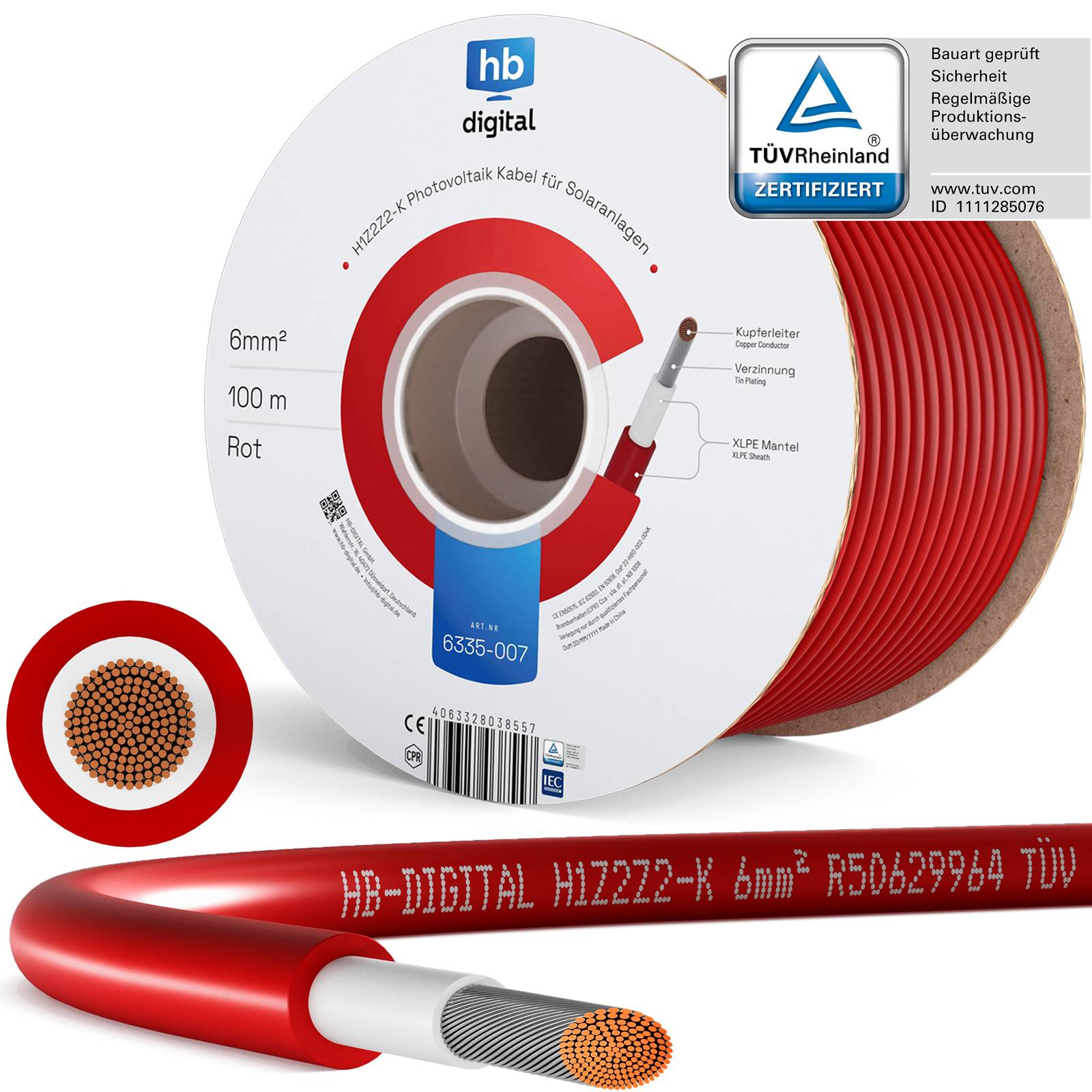 hb-digital Solarkabel 6mm 100m 6mm2 H1Z2Z2-K Photovoltaik Kabel für Solaranlagen rot