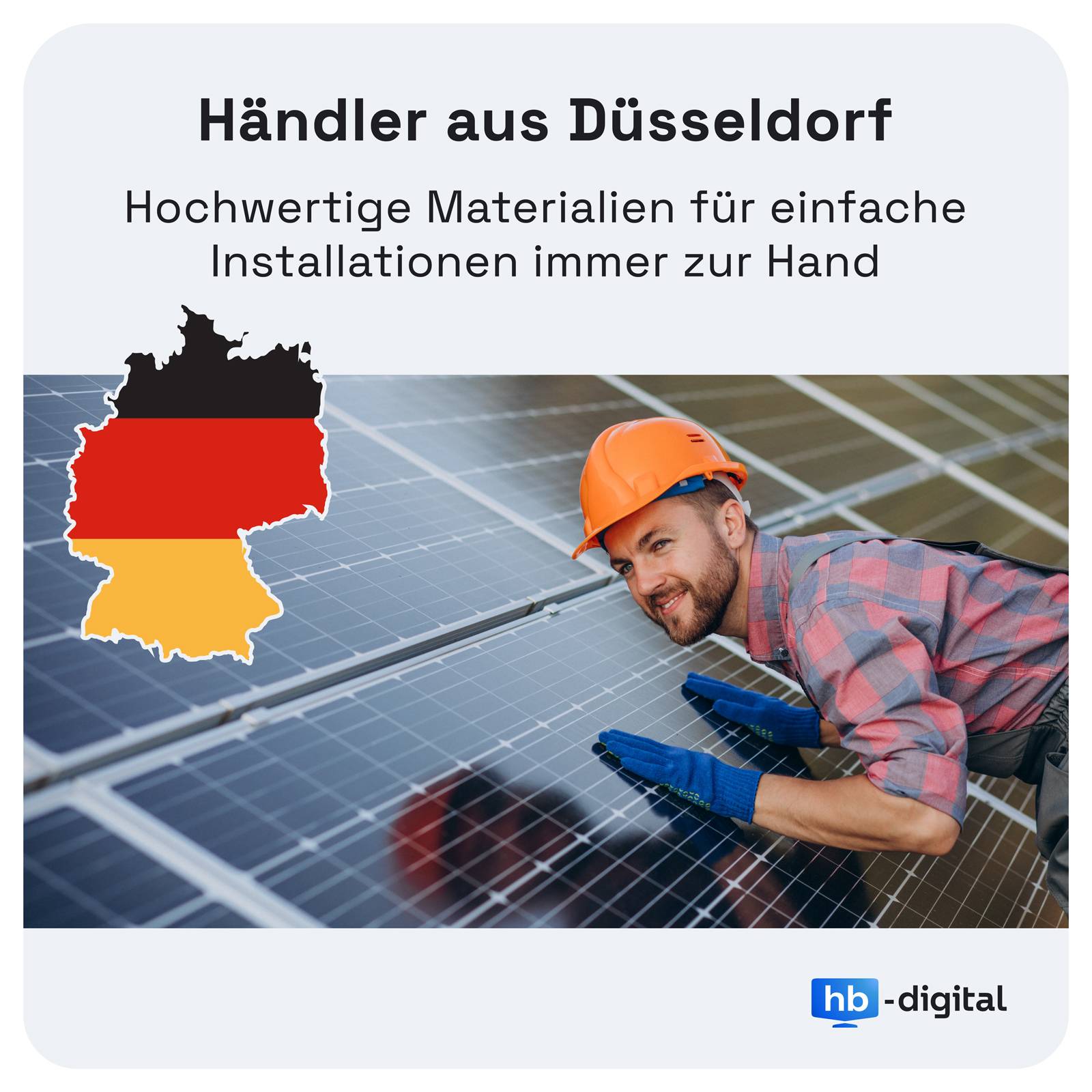 Eine Person in Schutzausrüstung installiert Solarpanels auf einem Dach. Das Bild zeigt eine Karte Deutschlands und Text über hochwertige Installationsmaterialien.
