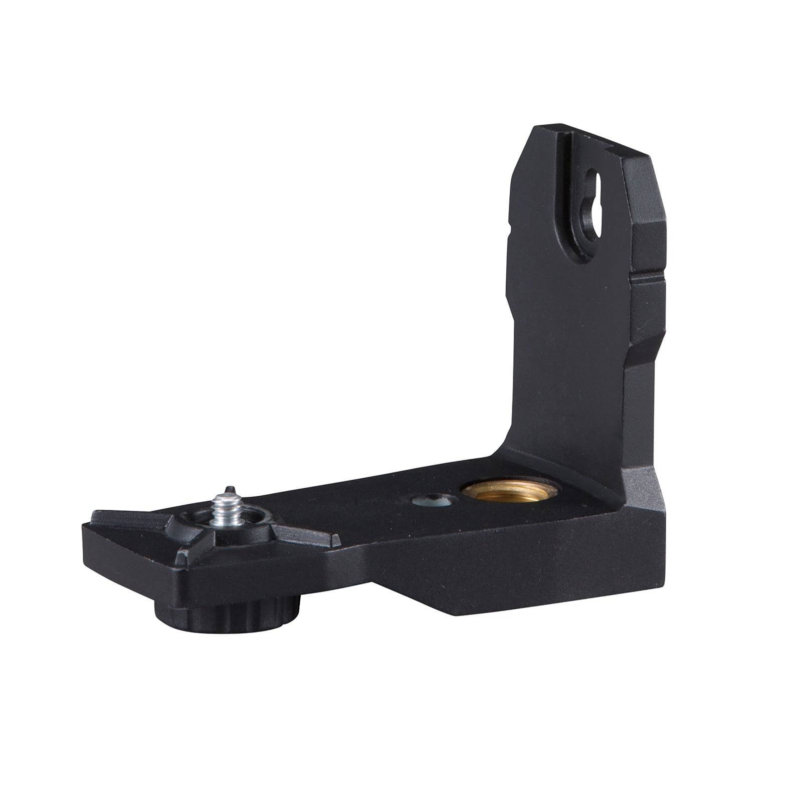 Ein schwarzer Metall-L-Halter, der zur Kamerabefestigung verwendet wird, mit einer Schraubenlochöffnung und einem Knopf für eine sichere Befestigung, vor einem weißen Hintergrund isoliert.