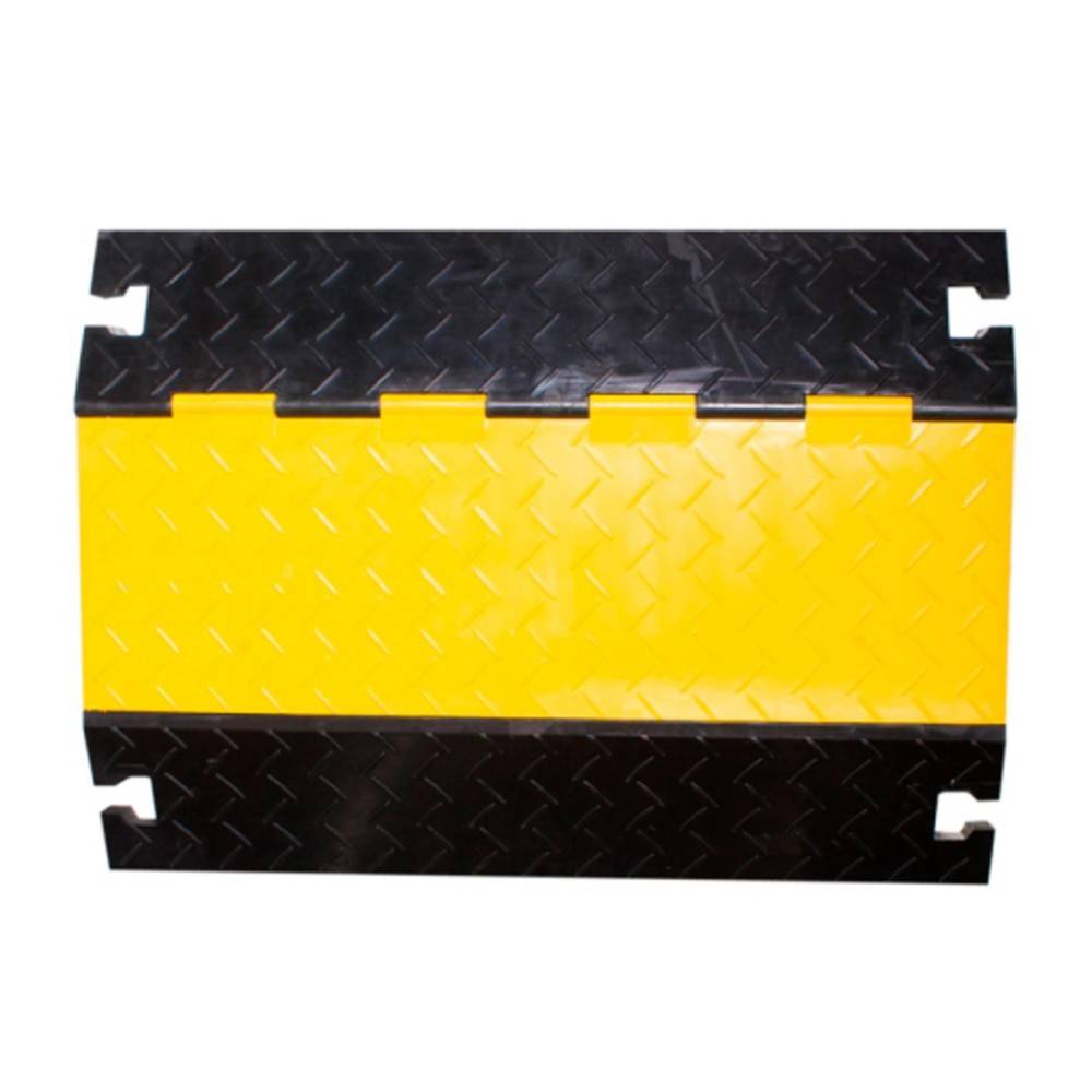 Ein schwarz-gelber Kabelschutz mit einem Zickzack-Muster, der mit ineinandergreifenden Kanten versehen ist und entwickelt wurde, um Kabel sicher abzudecken und zu schützen.