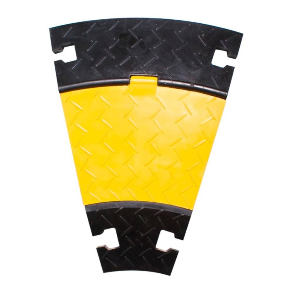 Ein gelb-schwarzer modularer Kabelschutz-Endstück mit Riffelblech-Textur, entwickelt zum Schutz von Kabeln und zur Verhinderung von Stolpergefahren.