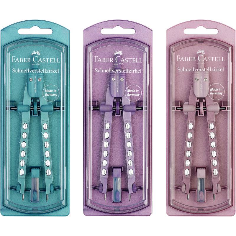 Drei verstellbare Faber-Castell-Zirkel in Türkis-, Lila- und Roseverpackung, gekennzeichnet mit „Schnellverstellzirkel