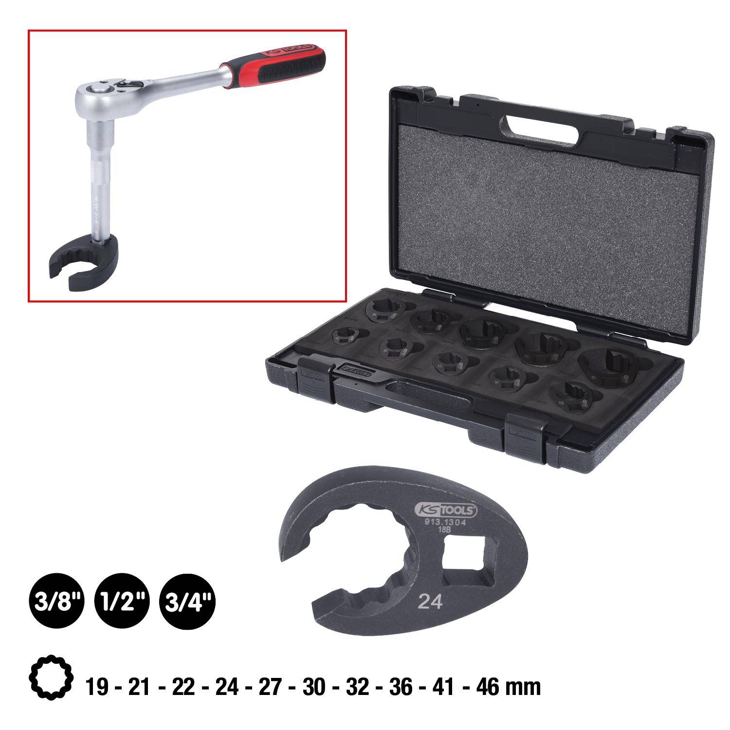 Ein Schraubenschlüsselsatz mit mehreren Steckschlüsseln in einem Koffer. Enthält Größen von 19 bis 46 mm und einen Knarrgriff. Primär eine Ansicht aus Werkzeugsicht, die Vielseitigkeit zeigt.
