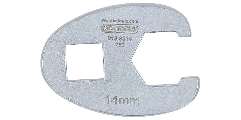 Ein silberner 14-mm-Schraubenschlüsseleinsatz mit zwei verschiedenen geometrischen Öffnungen, einer quadratischen und einer sechseckigen, gekennzeichnet mit dem Text ‚KSTOOLS' und Zahlen.