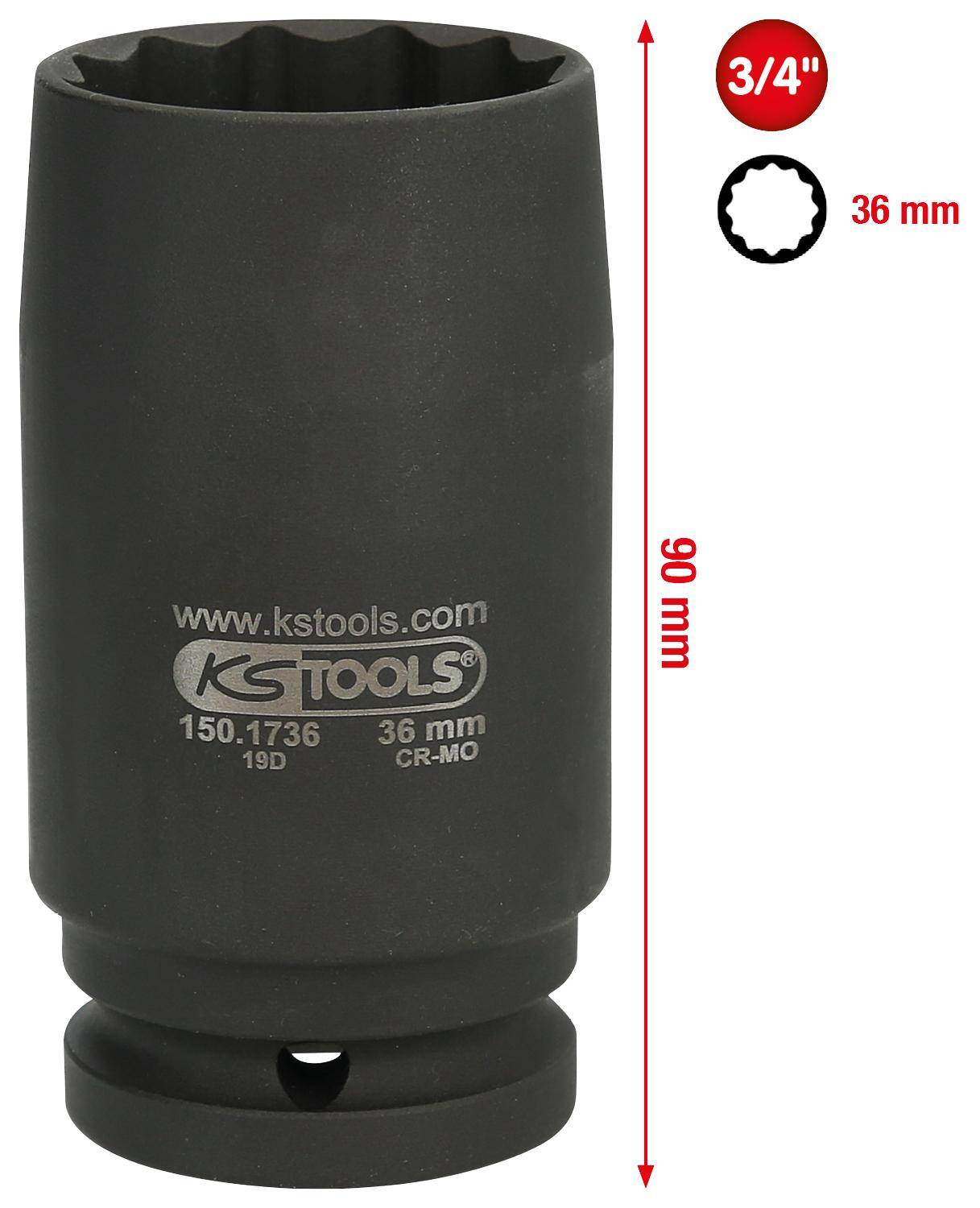 KS TOOLS 3/4" 12-kant-Antriebswellen-Kraftstecknuss, dnnwandig, 36mm