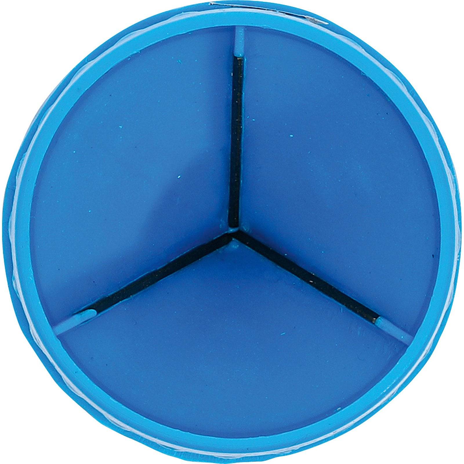 Ein kreisförmiger blauer Gegenstand, der durch schwarze Linien in drei gleich große Abschnitte unterteilt ist.