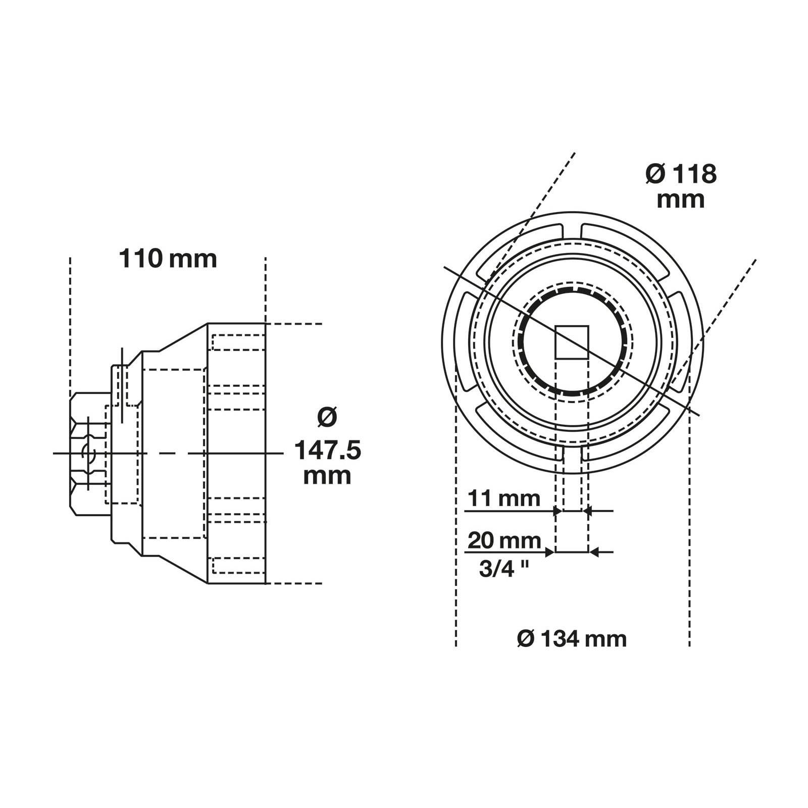Technische Zeichnung eines mechanischen Bauteils mit Abmessungen. Frontansicht: Durchmesser 118 mm, Höhe 11 mm. Seitenansicht: Länge 110 mm, Durchmesser 147,5 mm.