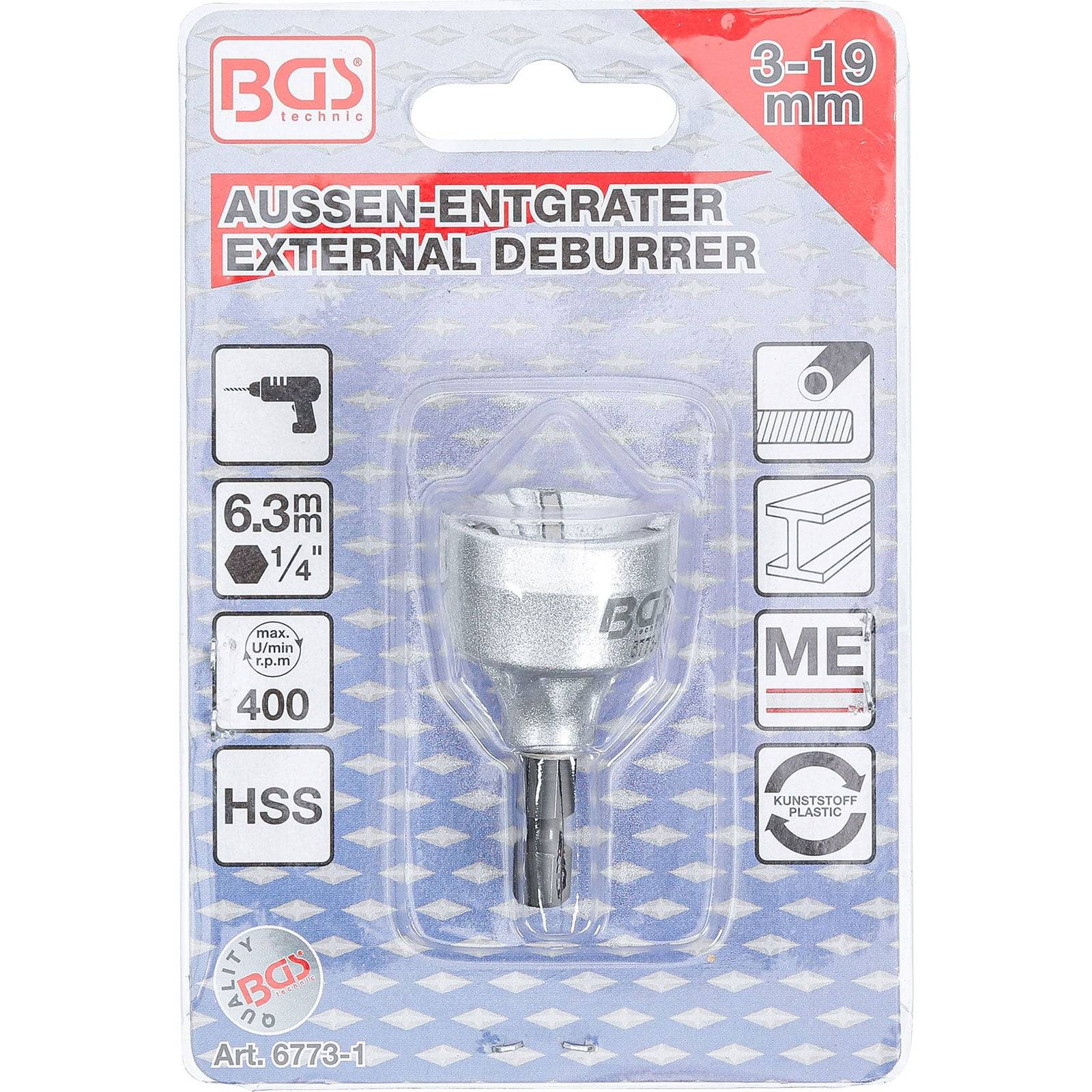 BGS Außenentgrater, passend für 3-19 mm, kompatibel mit 6,3-mm-(1/4-Zoll)-Werkzeugen, für Metall und Kunststoff geeignet, max. 400 U/min.