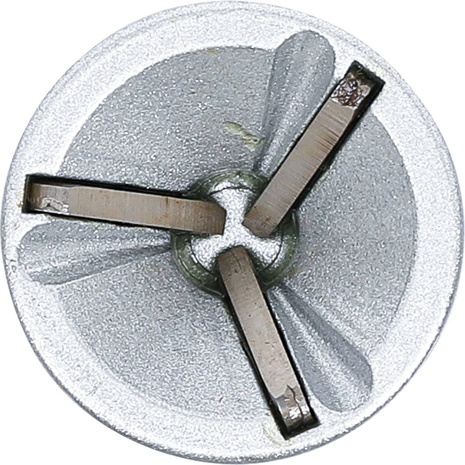 Draufsicht eines dreiflügeligen Metallventilators in einem kreisförmigen Gehäuse, möglicherweise Teil einer mechanischen Komponente oder eines Werkzeugs.