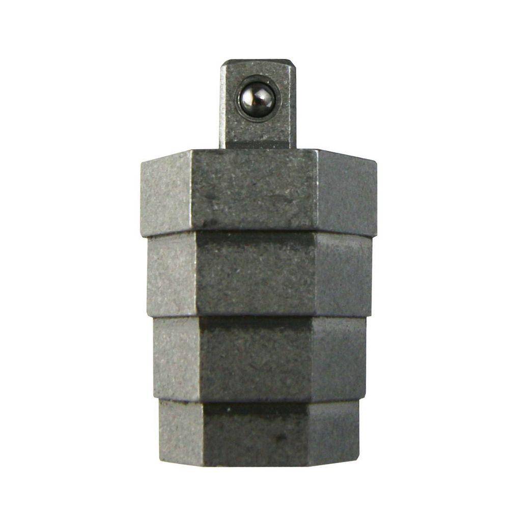 Adapter für Metallwerkzeugbit mit sechskantigem Schaft und quadratischem Antriebsende auf weißem Hintergrund.