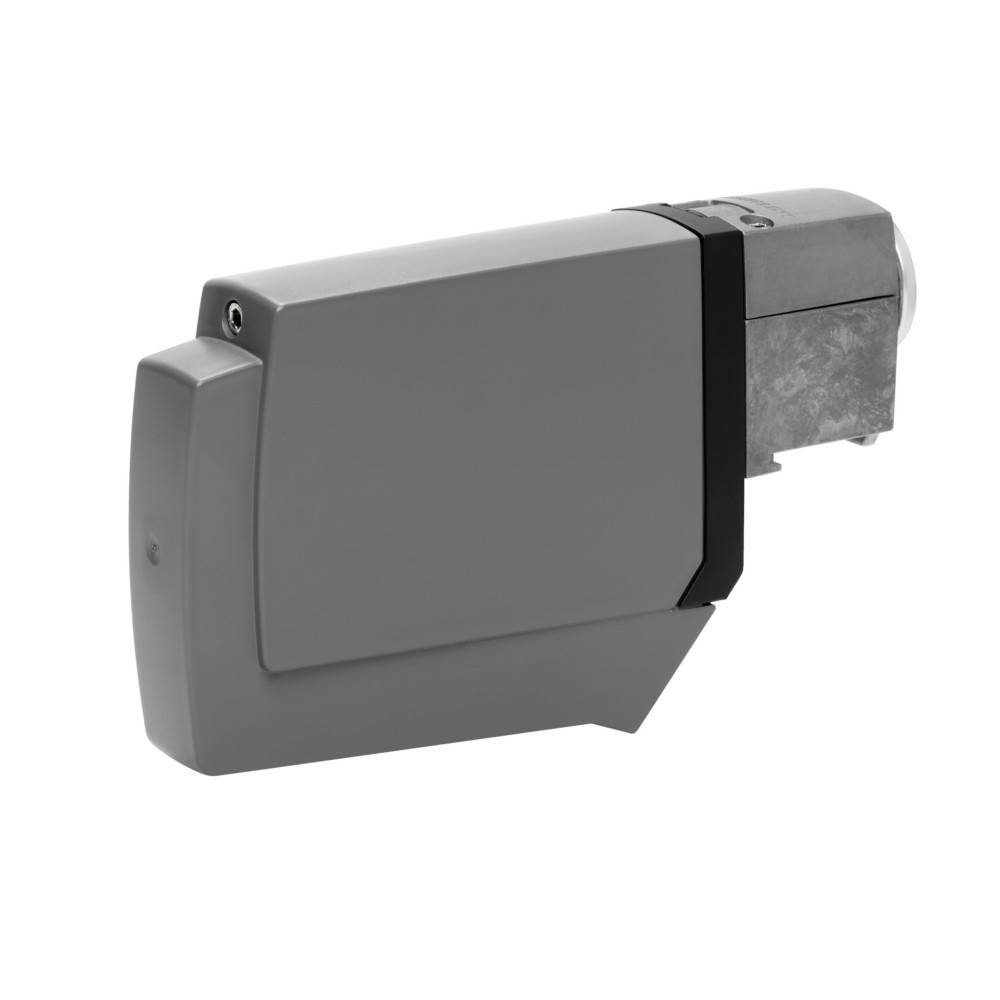 Eine graue kantige Motorgetriebe-Einheit mit metallischem Anschluss, mit einem kompakten Design, das sich für die Integration in Maschinen oder Ausrüstungen eignet.