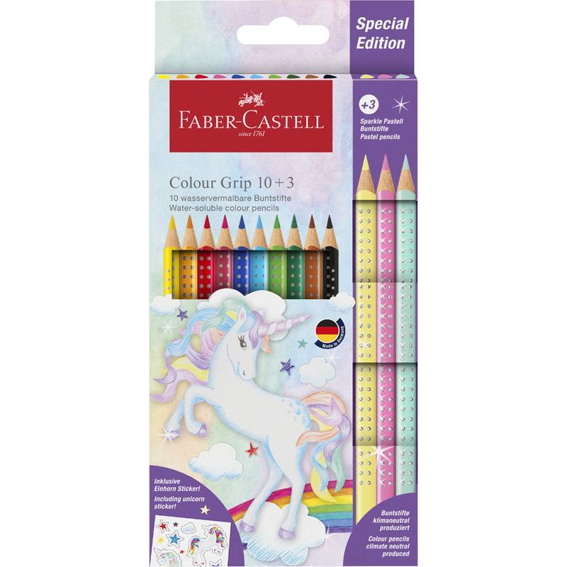 Faber-Castell Colour Grip 10+3 Sonderausgabe' Schachtel mit wasserlöslichen Farbstiften in verschiedenen Farben und einem Einhorn-Design.