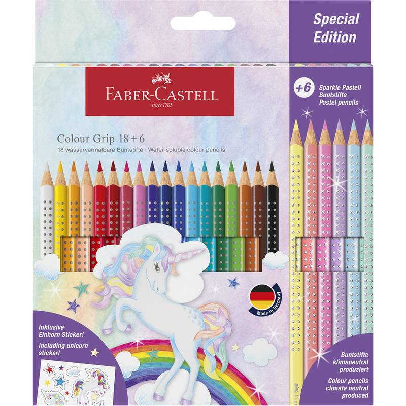 Faber-Castell Colour Grip Sonderausgabe mit 18 Farbstiften, 6 Pastellglitzerstiften und Einhorn-Design auf der Verpackung.