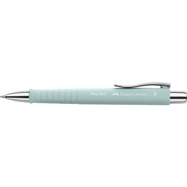 Hellblauer Kugelschreiber von Faber-Castell mit silbernem Clip und Spitze auf weißem Hintergrund.