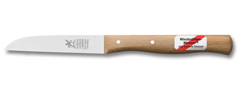 Messer mit Holzgriff und kleiner, gerader Klinge. Die Klinge trägt eine Inschrift mit Angaben zur Marke und zum Herkunftsland.