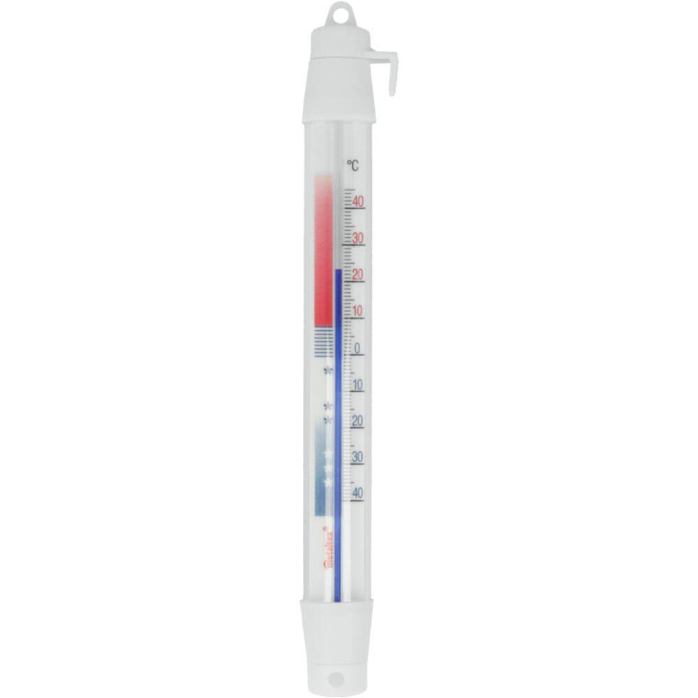 Ein weißes Thermometer mit roten und blauen Flüssigkeitsmarkierungen, das eine Temperatur von ungefähr 25°C anzeigt.