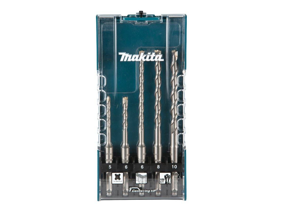 Makita-Bohrersatz in einem durchsichtigen Kunststoffkoffer mit fünf Steinbohrern, die mit 5, 6, 6, 8 und 10 mm beschriftet sind.