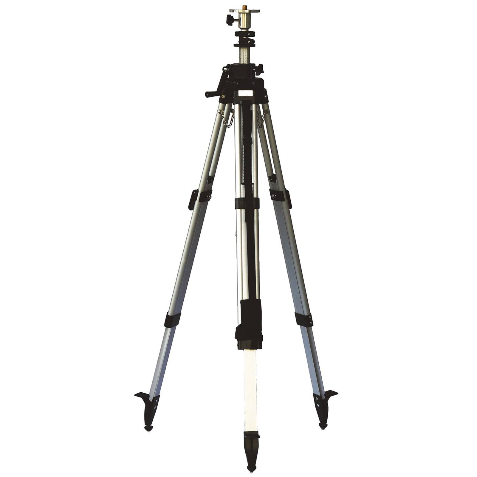 Ein silberner und schwarzer Teleskop-Stativ mit verstellbaren Beinen und einer Befestigungshalterung, geeignet zur Stabilisierung von Kameras oder anderen Geräten.