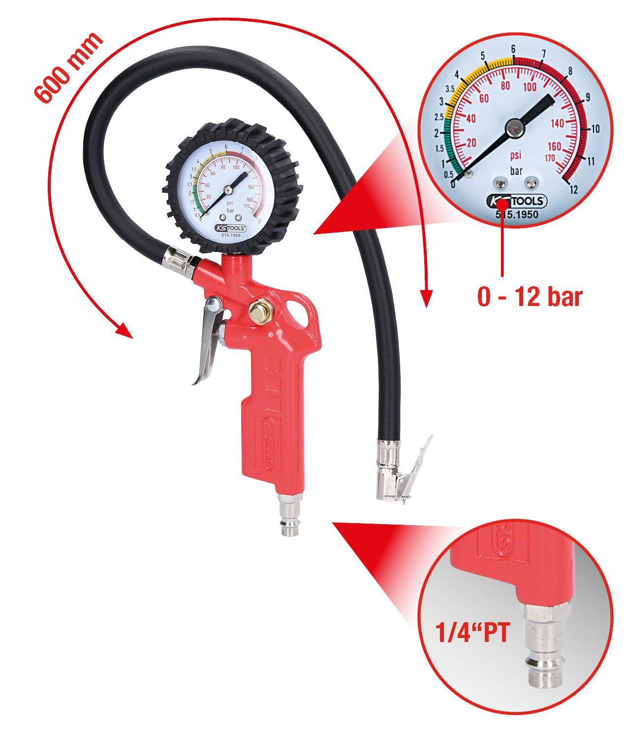 Ein roter Druckluftmesser mit angeschlossenem Schlauch wird durch Pfeile hervorgehoben. Der Messer zeigt einen Bereich von 0-12 bar an. Eine Einblendung zeigt einen 1/4