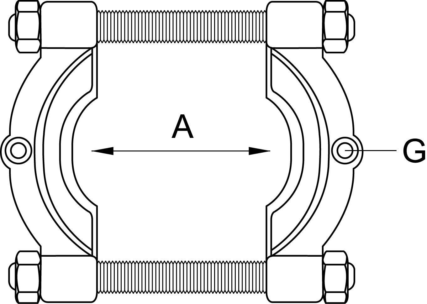 Ein technisches Diagramm einer Rohrkupplung mit Bolzen und Muttern. Ein Pfeil mit der Bezeichnung „A