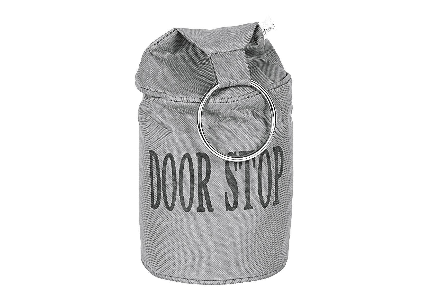 Ein grauer Stoffttürstopper mit dem aufgedruckten Text „DOOR STOP