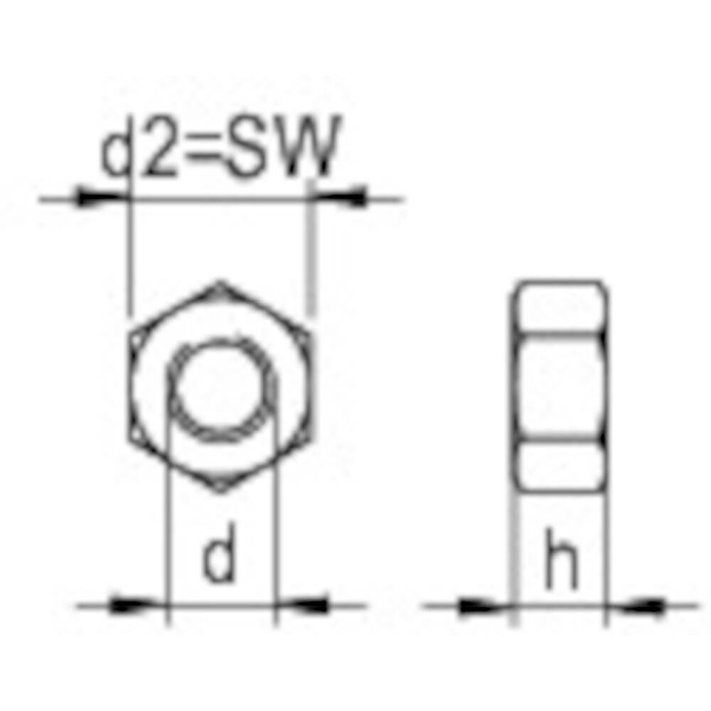 Technische Zeichnung einer Sechskantmutter mit Abmessungen: Durchmesser (d), Breite über Flanken (d2=SW) und Höhe (h).