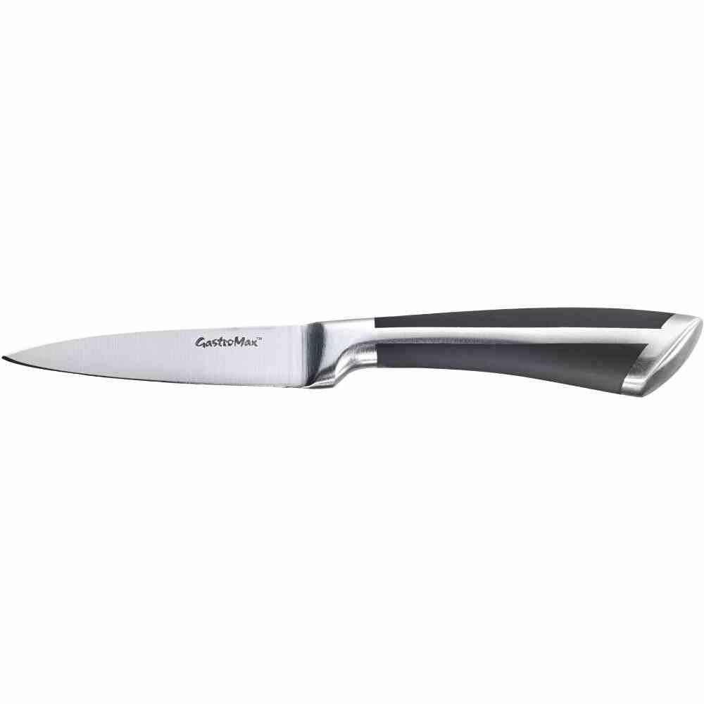 Ein schlankes silbernes Küchenmesser mit schwarzem Griff, beschriftet mit 'GastroMax', entwickelt für präzises Schneiden.