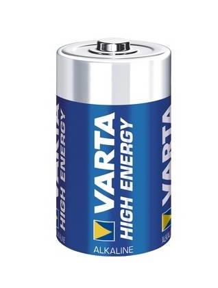 VARTA-Hochenergie-Alkalibatterie mit blauem Etikett und silbernem Deckel auf weißem Hintergrund.
