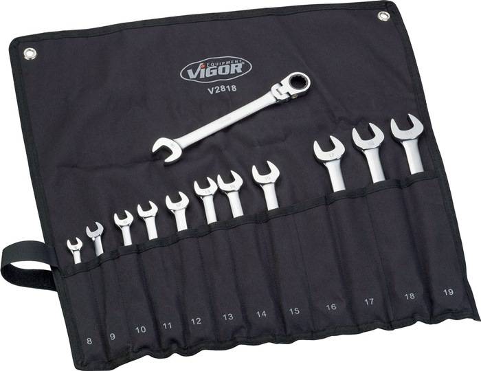 Ringmaulschlüssel-Satz, V2818, 12-tlg.Sortiment, Chrom poliert, m.Rolltasche