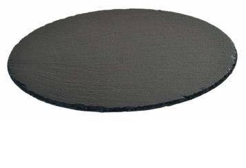 Ein rundes schwarzes Schieferservierbrett mit strukturierter Oberfläche, das für die stilvolle Präsentation von Speisen konzipiert ist.