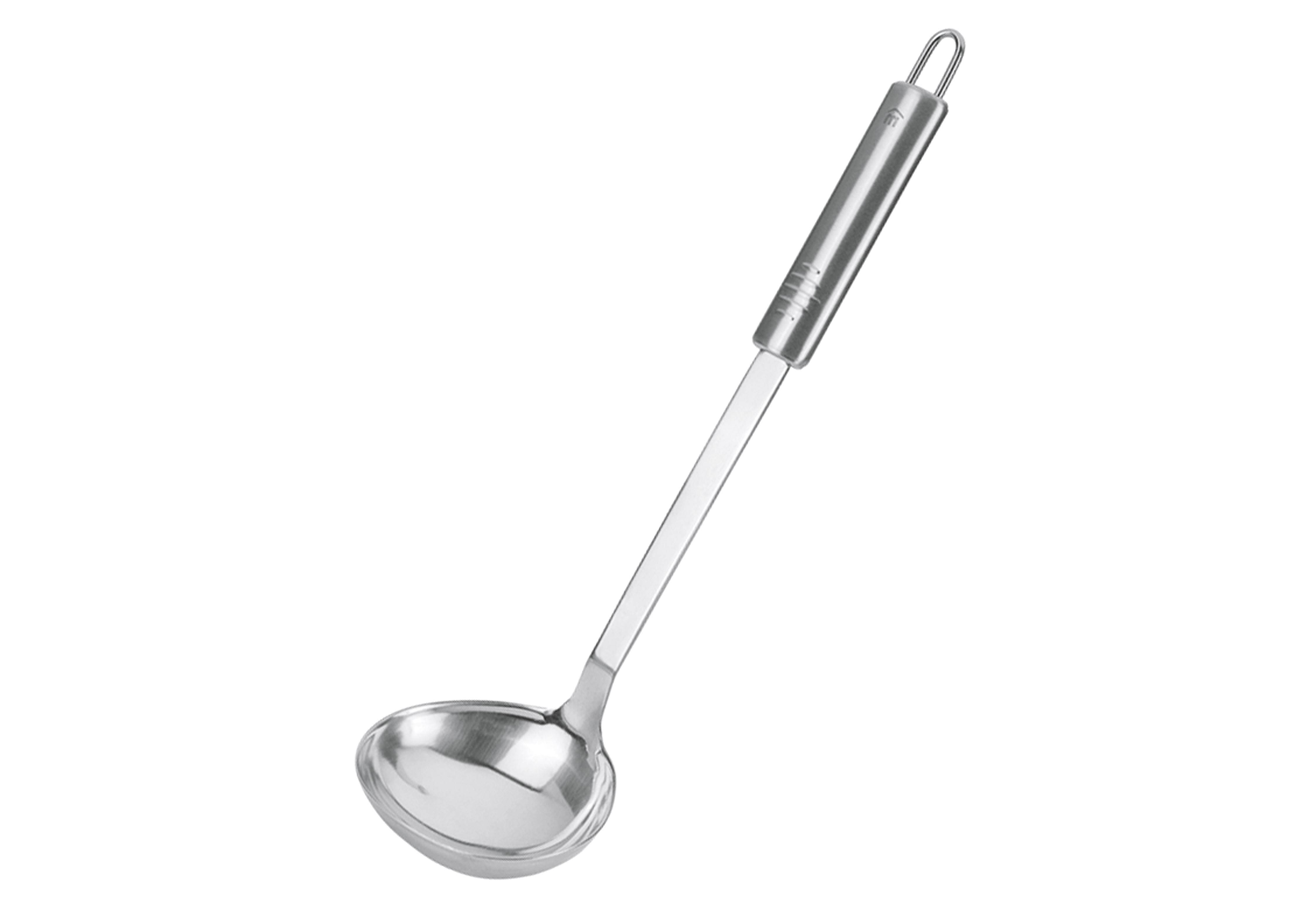 Eine Edelstahlkelle mit einer tiefen, abgerundeten Schüssel und einem langen Griff, geeignet zum Servieren von Suppen und Eintöpfen.